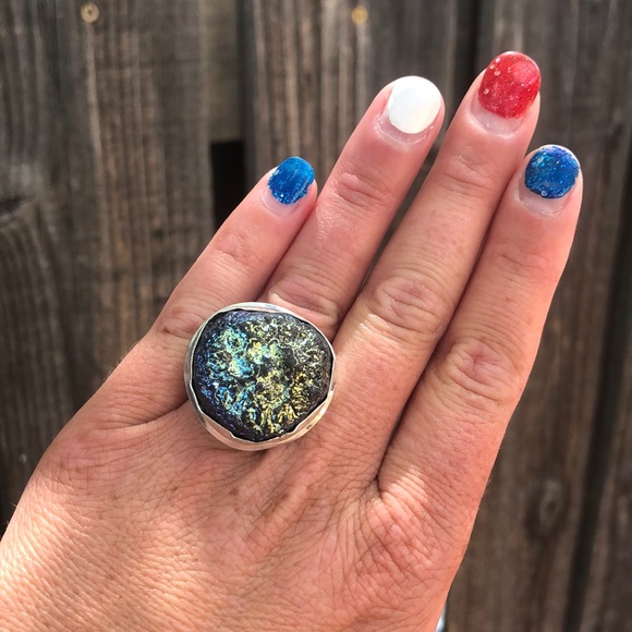 Sterling Silver 925 Handmade Rainbow Druzy Quartz Gemstone Ring Size 7 - Picture 2 of 7